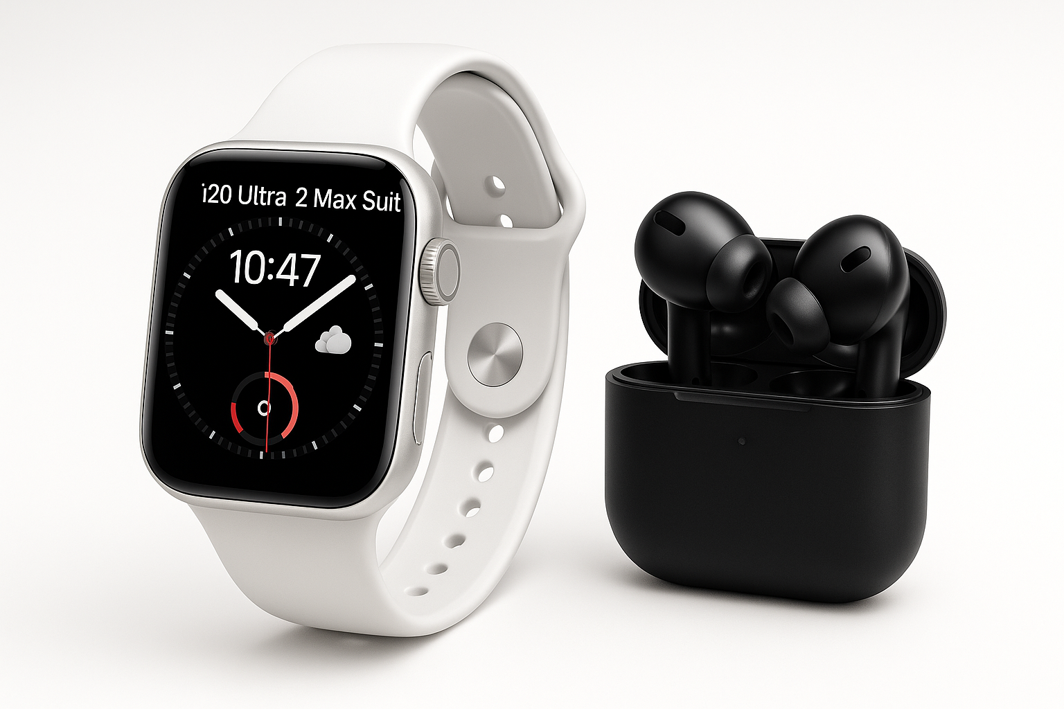 i20 Ultra 2 Max Suit Smart Watch with AirPods white color watch blck color pords